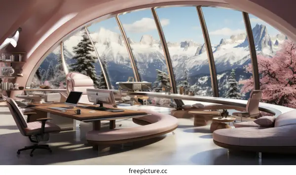 futuristic home office with a stunning mountain view
