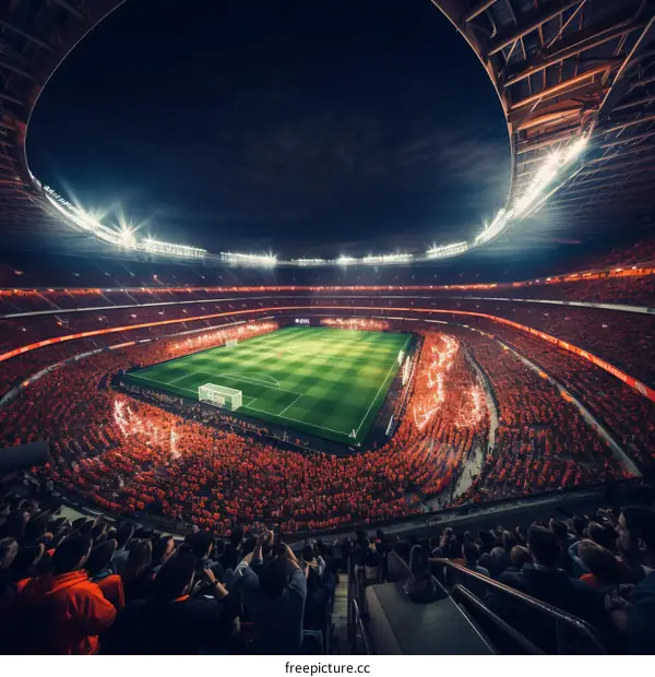 A large crowd of people watch a soccer game in a stadium at night