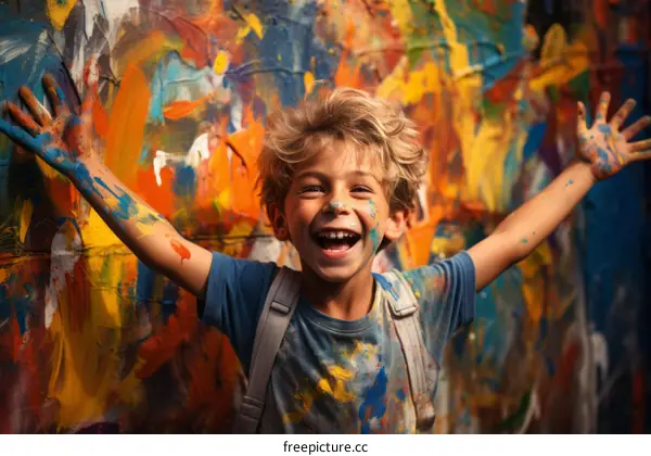 Ecstatic young boy covered in colorful paint