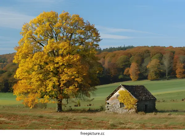 Autumn Landscape with a Stone Cottage and a Large Tree