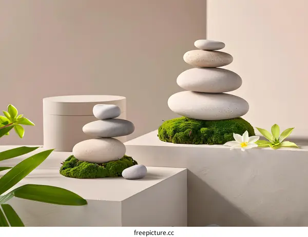 Minimalist Zen Stones on Moss with White Flowers