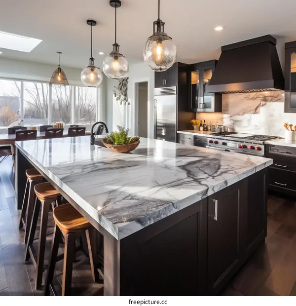 Modern Kitchen Interior with Marble Countertops and Stainless Steel Appliances