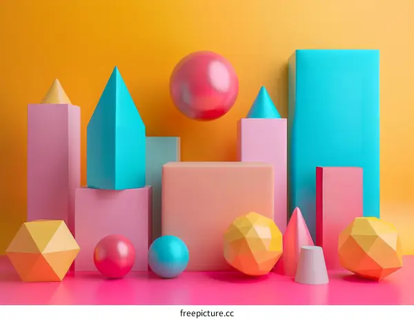 Colorful 3D geometric shapes on pink and yellow background