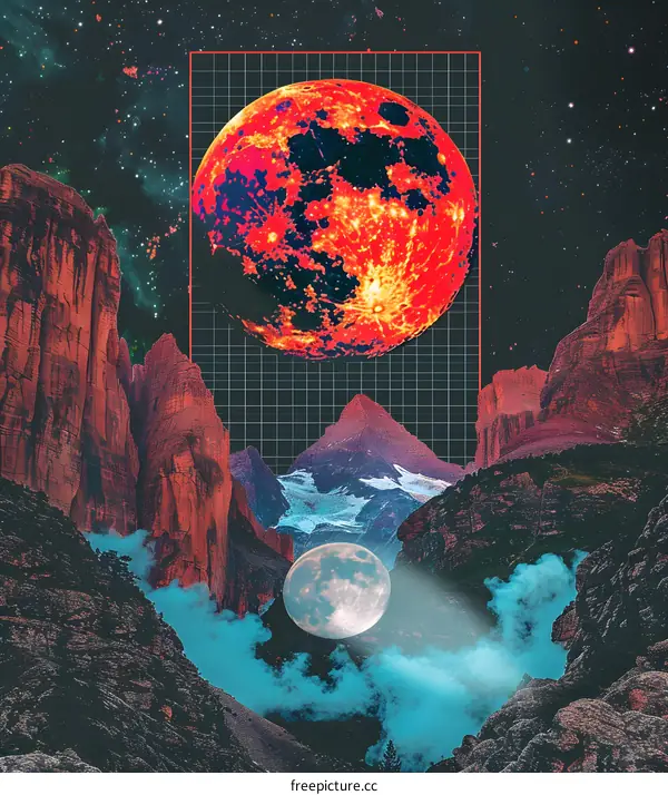 Collage of Mountain and Moon in Space