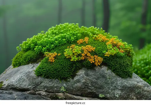 Green and yellow moss growing on a rock in the forest