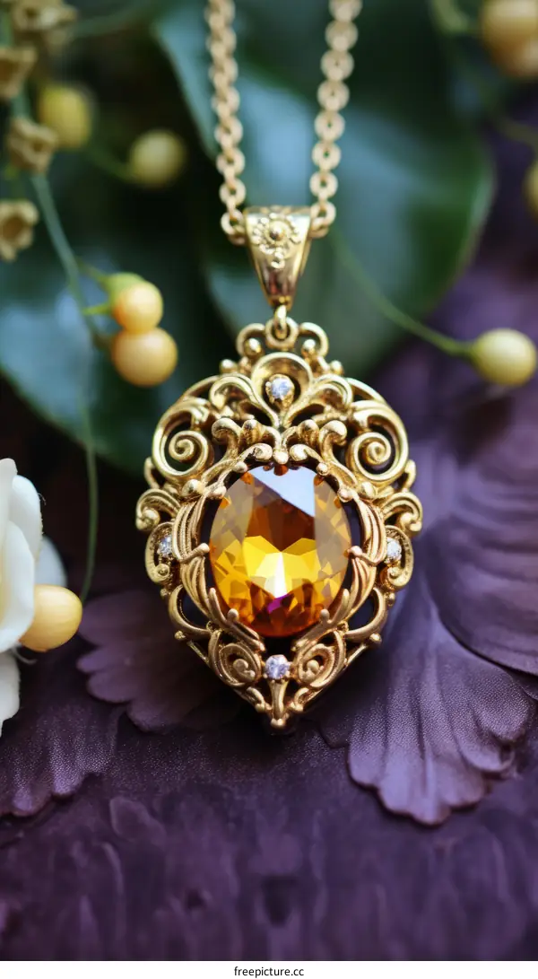 Gold Topaz Pendant Necklace: Filigree Vintage Jewelry