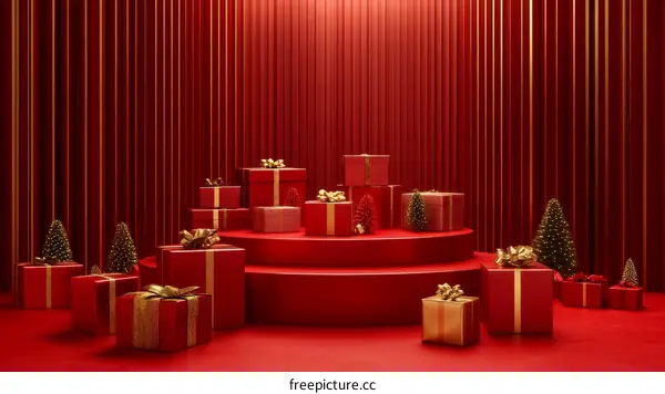 Christmas Gift Boxes on Red Stage Background