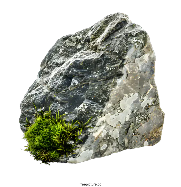 [Transparent Background PNG]Gray Rock with Green Moss Isolated on White Background
