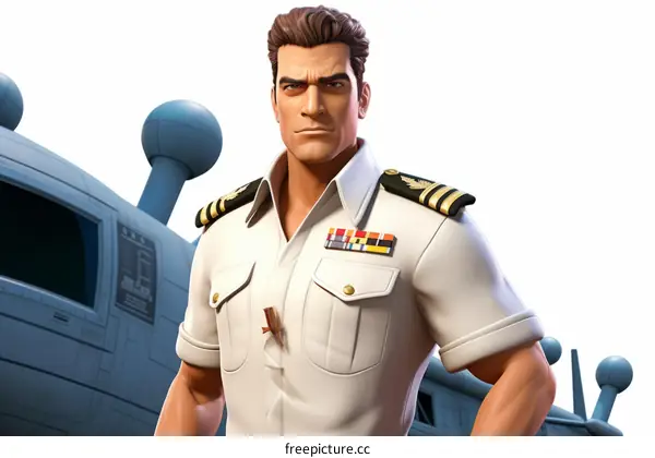 Commander in white uniform with medals and submarine in the background