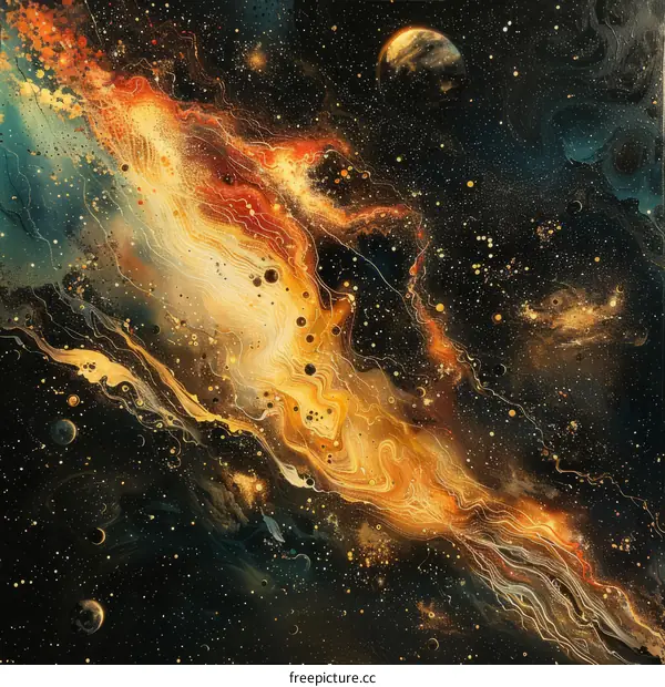 Abstract painting of a colorful nebula with stars and planets