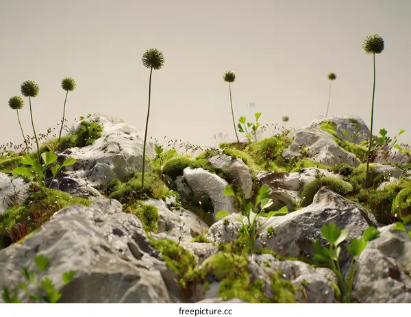 Green Moss and Small Plants Growing On Rocks