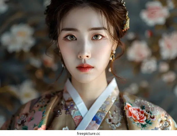 Portrait of a beautiful Asian woman in traditional Korean dress, hanbok
