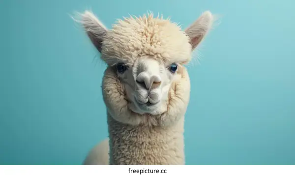 A fluffy white llama with blue eyes looks at the camera