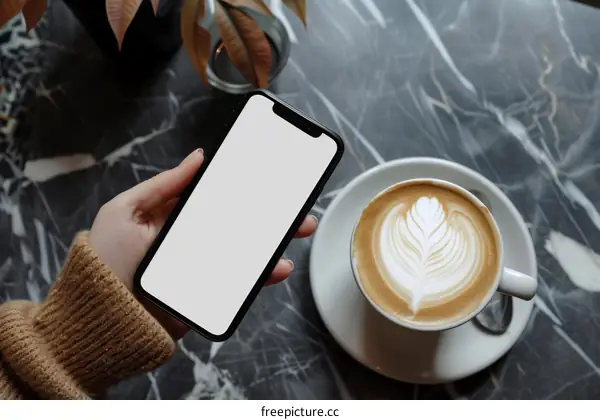 Caucasian woman holding a smartphone with a blank screen next to a cup of coffee