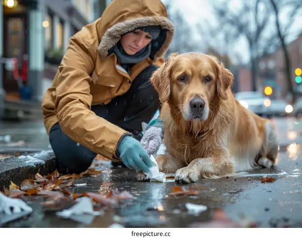 Golden Retriever and woman in a brown jacket