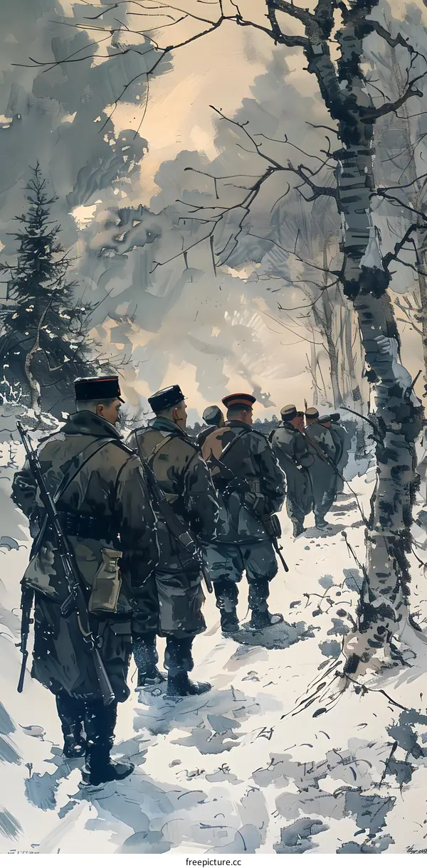 A group of soldiers wearing winter gear and carrying rifles walk through a snowy forest during World War I