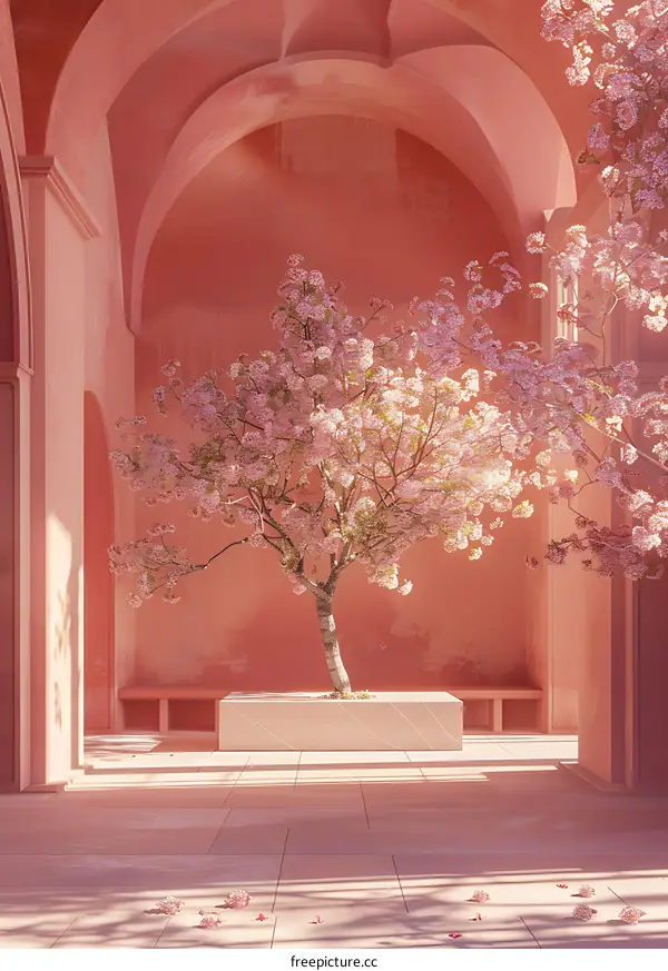 Pink Arched Courtyard with Cherry Blossom Tree
