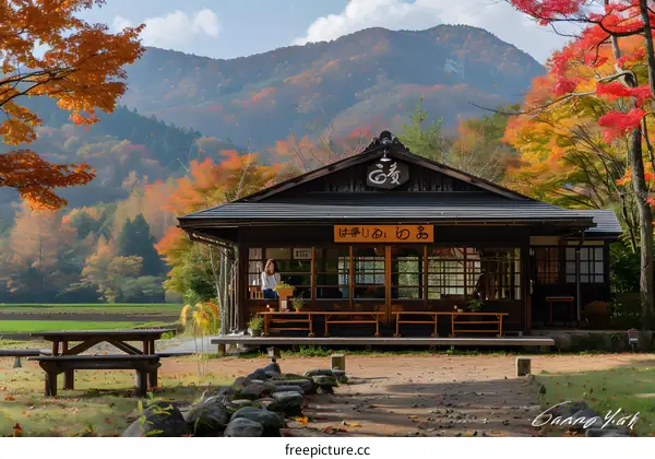 Traditional Japanese House in Autumn Landscape with Mountains