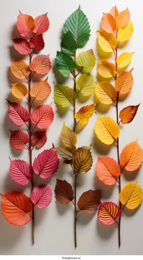 Vibrant Autumn Leaves in Transition from Green to Red and Yellow