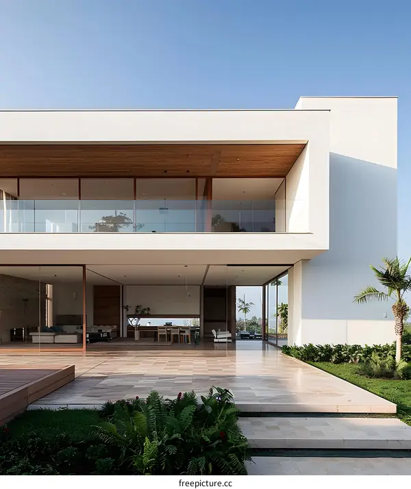 Modern Minimalist White House with Large Windows and Wooden Accents