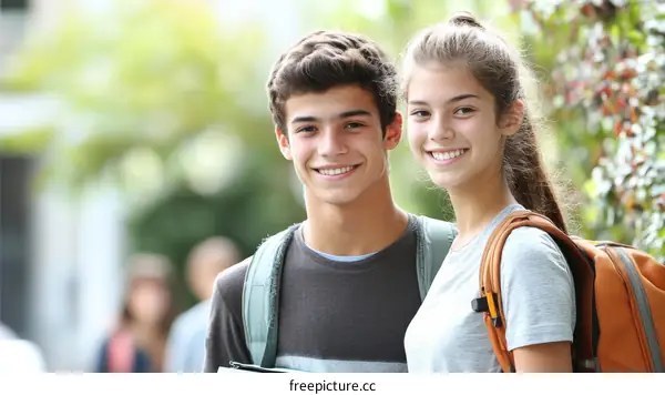 Two Teenagers Smiling Outdoors on Campus