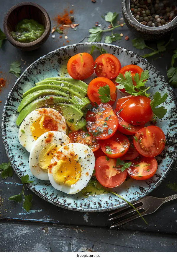 Healthy and tasty breakfast with avocado, boiled egg and cherry tomatoes