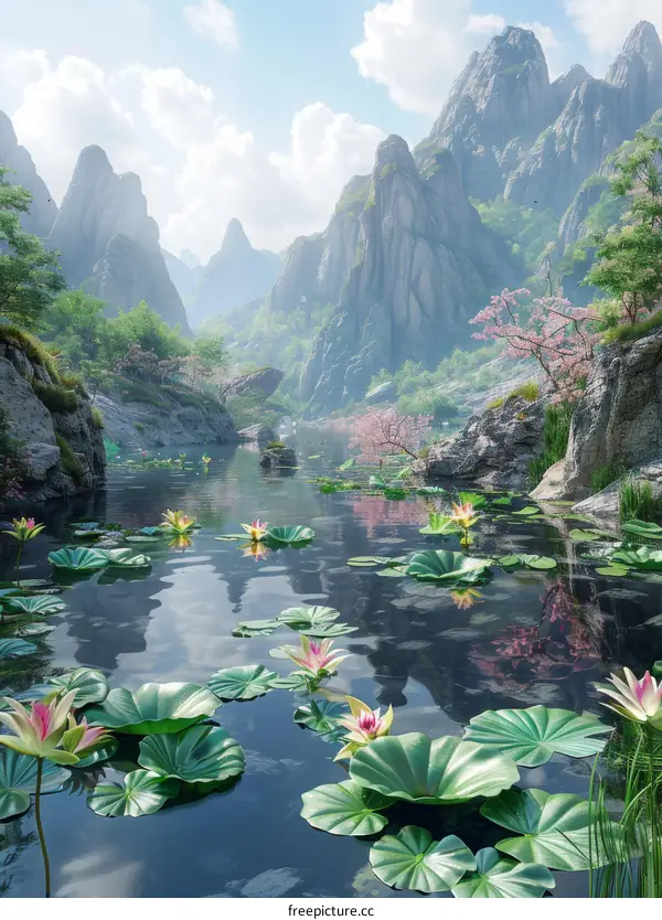 Tranquil Lake Surrounded by Misty Mountains and Blooming Lotus Flowers