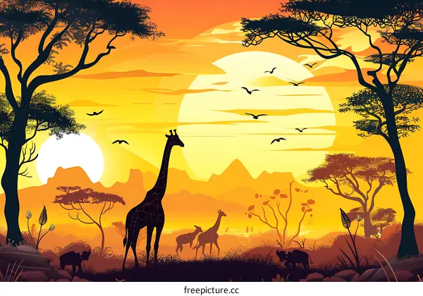 African Sunset Landscape with Giraffes