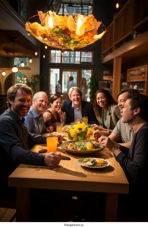 A group of diverse people laughing and enjoying a meal together at a restaurant