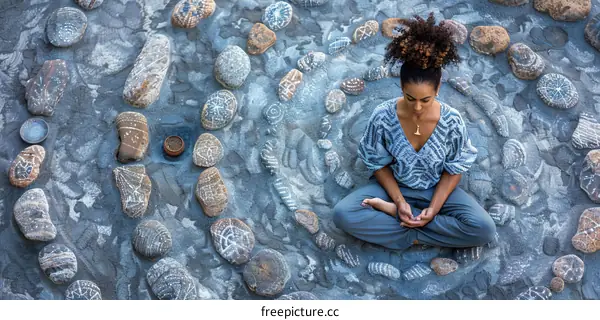 Young woman meditating in a stone labyrinth