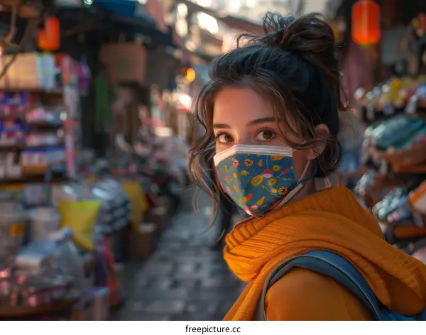 Portrait of a young woman wearing a mask in a busy Asian market