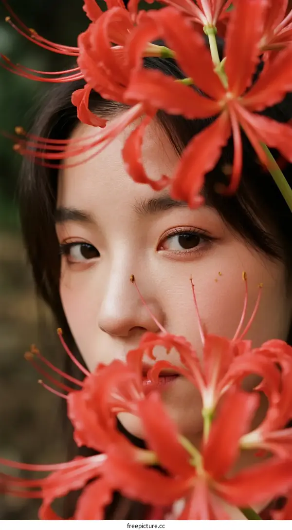 Red Spider Lily Flowers Frame Young Woman's Face In Nature