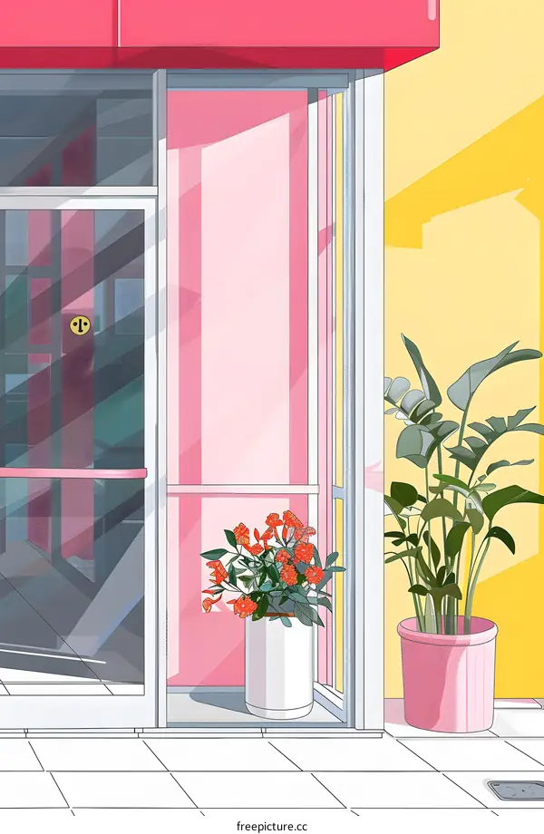 Illustration of pink and yellow storefront with potted plants
