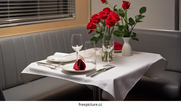 A romantic dinner table with red roses, wine glasses, and a white tablecloth