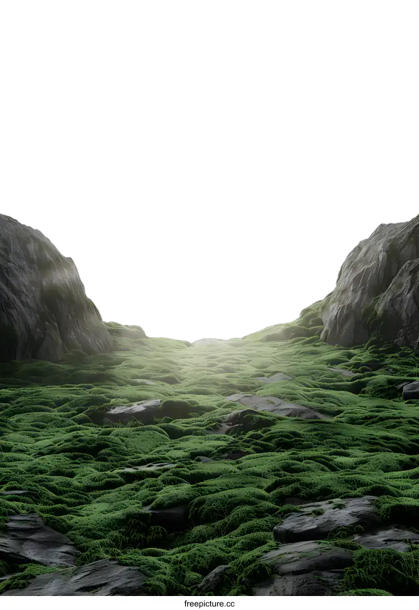 [Transparent Background PNG]Green Mossy Landscape with Rocks and Sky