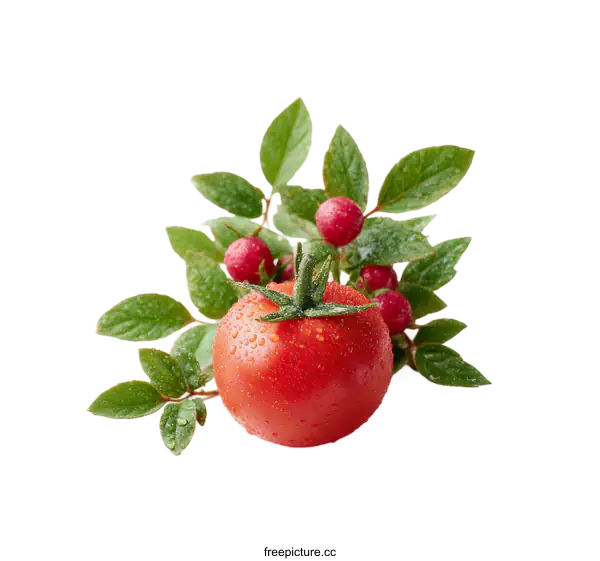 [Transparent Background PNG]Fresh Tomato with Dew Drops and Berries