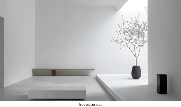 Minimalist Interior Design With White Walls and a Small Tree