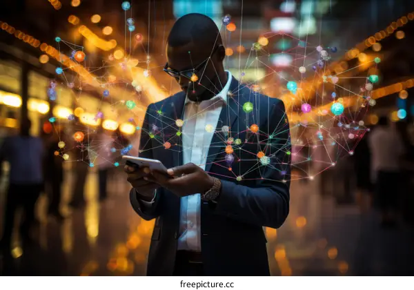 Black man using smartphone with network connections