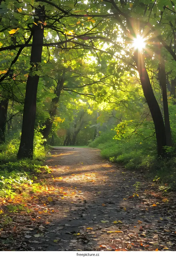 The sun shines through the trees in the forest