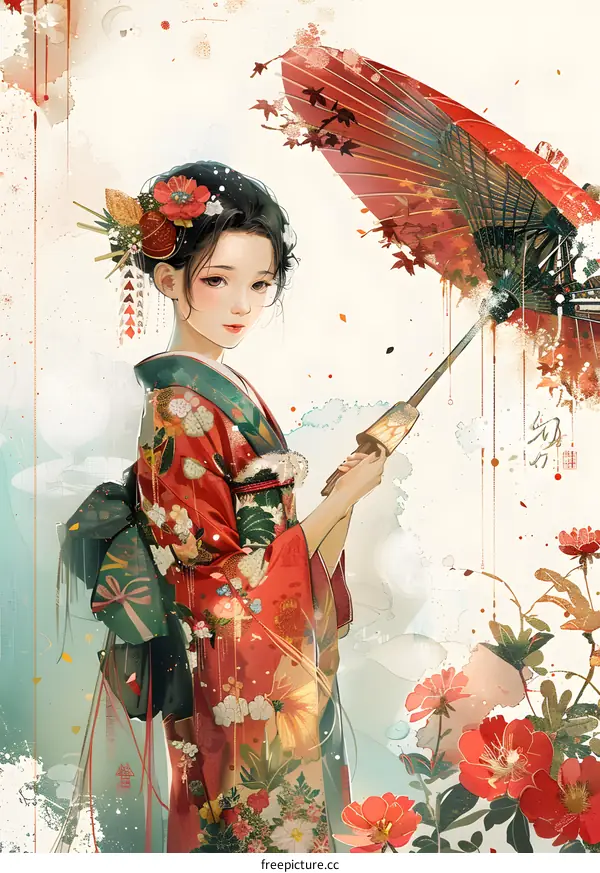 An Asian woman in a red kimono holding a red umbrella