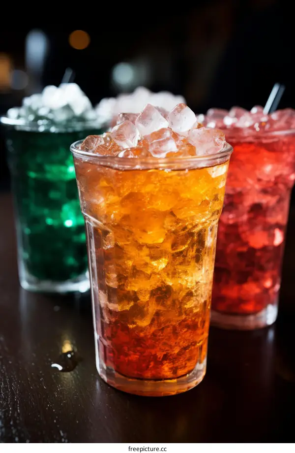 Colorful Cocktails with Ice in Glasses