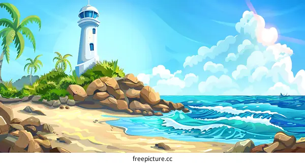 Lighthouse on the Sandy Beach with Palm Trees and Blue Sky