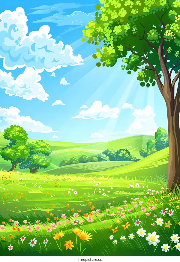 Sunny Meadow with Green Grass and Flowers