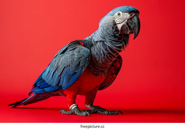 A vibrant blue and gold macaw parrot with a deep red background