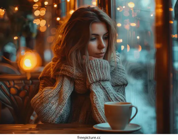 pensive young woman sitting alone in a cafe looking out the window