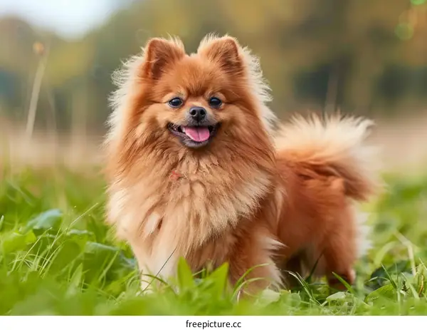 A fluffy brown Pomeranian dog standing on green grass