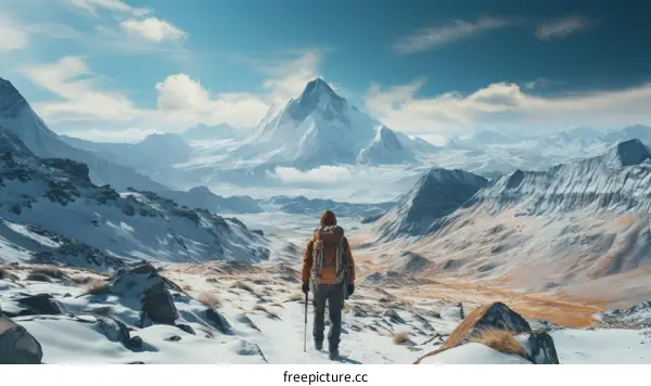 Hiker Stands on Mountain Summit Overlooking Vast Snowy Mountain Landscape