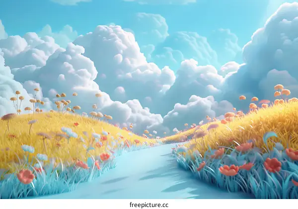 Dreamlike Meadow Under a Sky of Clouds