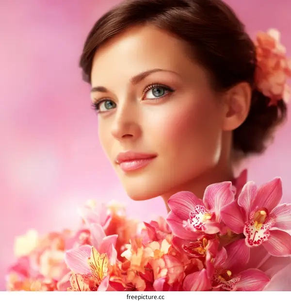 Beautiful Woman with Pink Flowers Portrait
