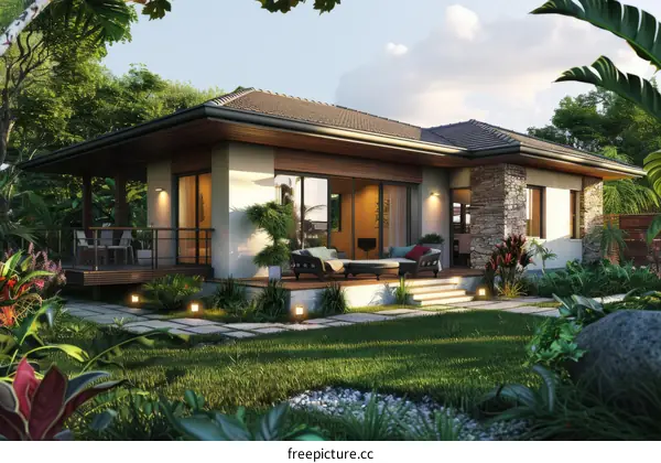 The beautiful house is surrounded by green plants